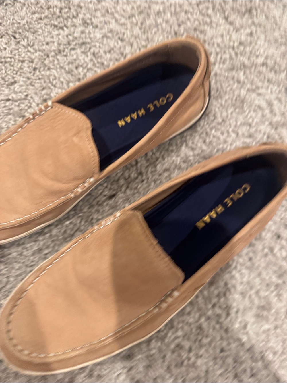 Cole Haan Tan Suede Slip-On Loafers with Navy Insoles